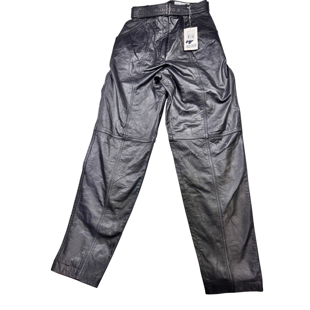 TOGETHER! Black Genuine Leather High Waisted Belted Pants 6 edgy chic modern NWT